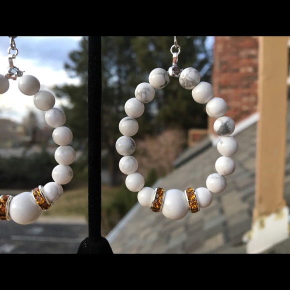 White and Orange Howlite Hoop Earrings - Picture 2 of 8